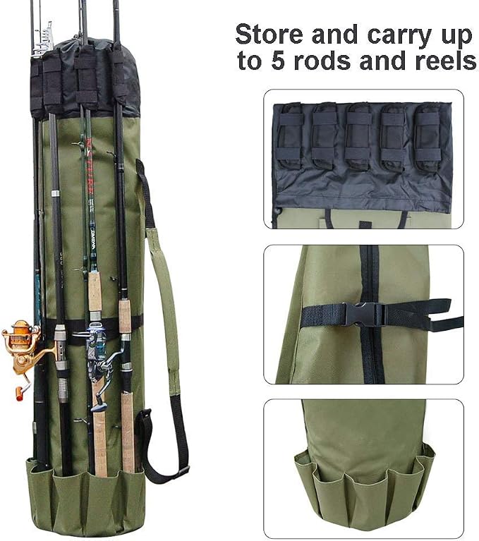Allnice Durable Canvas Fishing Rod & Reel Organizer Bag Travel Carry Case Bag- Holds 5 Poles & Tackle