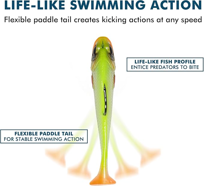 GOTOUR Pre-Rigged Soft Fishing Lures with Weedless Hook, Lifelike Paddle Tail Swimbaits for Bass Fishing, Freshwater & Saltwater Fishing Bait, Fishing Tackle for Bass, Pike, Trout, and Walleye