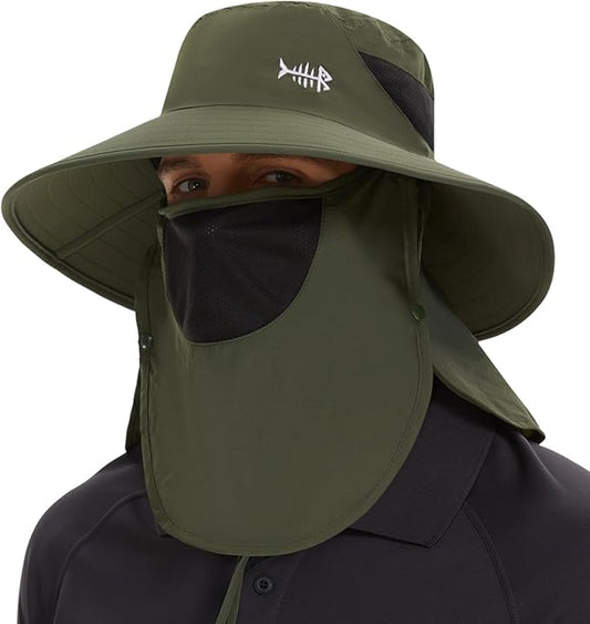 BASSDASH UPF 50+ Breathable Sun Hat with Removable Face Cover and Neck Flap Wide Brim Bucket Hat for Fishing Hiking Men Women