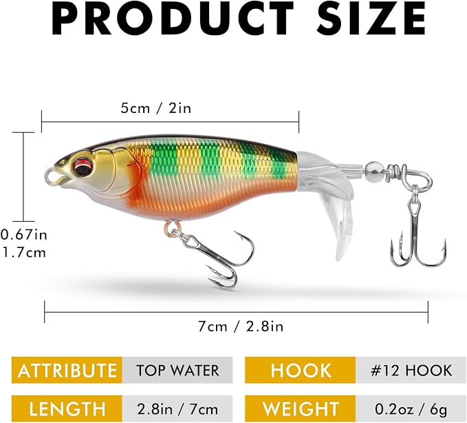 TRUSCEND Popobait Easy Catch Fishing Lures with BKK Hooks, Instant Startup, Longer Cast, Balanced Spray/Sound/Swim, Plopper Topwater Lures for Bass, Trout, Pike, Walleye, Freshwater Saltwater Fishing
