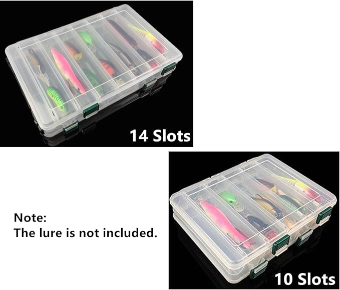 Double-Sided Fishing Lure Hook Tackle Box Visible Hard Plastic Clear Fishing Lure Bait Squid Jig Minnows Hooks Accessory Storage Case Container (Clear-14 Slots 2Pcs)