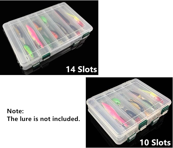 Double-Sided Fishing Lure Hook Tackle Box Visible Hard Plastic Clear Fishing Lure Bait Squid Jig Minnows Hooks Accessory Storage Case Container (Clear-10 Slots)
