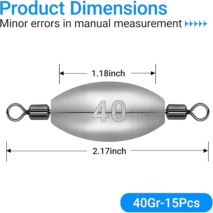 Inline Trolling Weights with Swivel, Fishing Sinkers for Catfish Bass Saltwater Freshwater, Anti-Twist Smooth Rolling Egg Sinker Design, Assorted Sizes Fishing Weights Kit