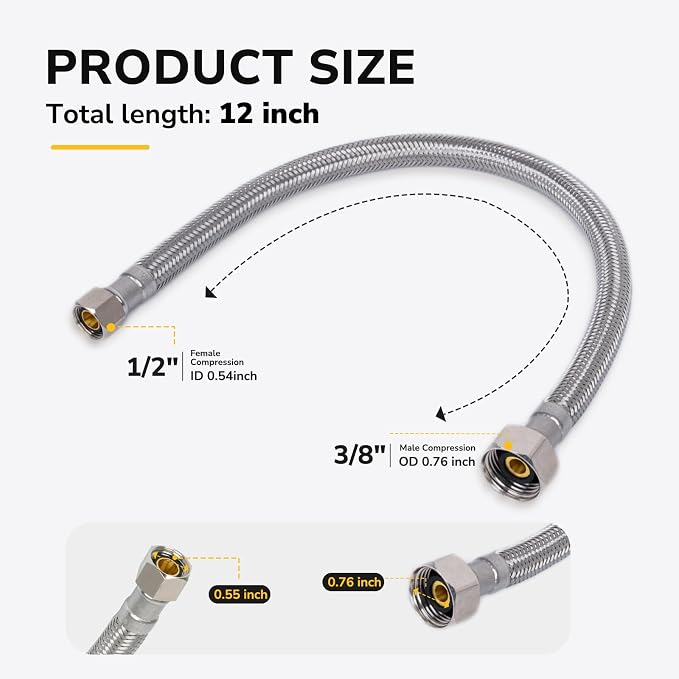 12" Faucet Supply Line, 3/8 inch Comp x 1/2 inch FIP Faucet Connector, Braided Stainless Steel Faucet Hose for Bathroom Sink and Kitchen, Leak-Resistant cUPC Certified Water Supply Line, 2 Pack