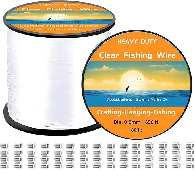 Aboda Clear Fishing Line 0.2-1 mm, Strong Invisible Nylon Fishing Wire 8-100 lb Test Includes Crimp Sleeves, Clear String for Hanging Decorations Balloons Garlands Crafts & Jewelry