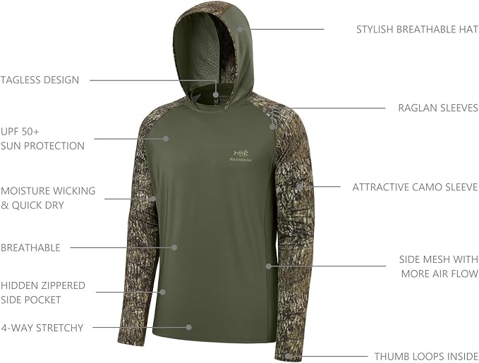 BASSDASH Men’s UPF 50 Performance Fishing Shirt Cooling Hoodie Camo Long Sleeve FS17M