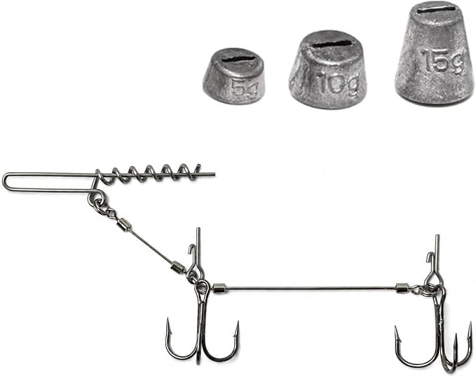 Eupheng 3pcs 3 Size Premium Pike Stinger Rig with Double Treble Hooks, Screw Rigging Kit with Sinker Weight for Soft Bait, Heavy-Duty Wire Leader