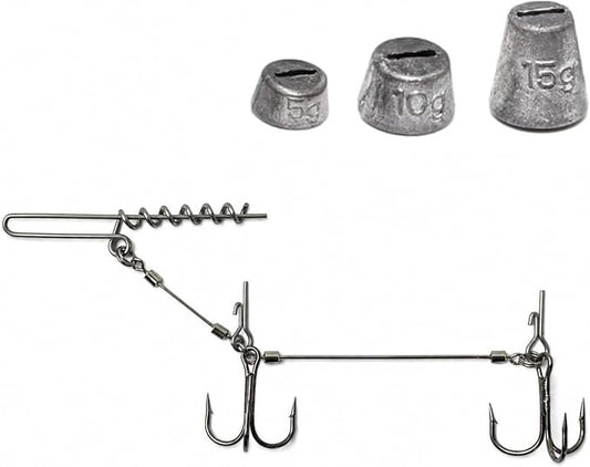 Eupheng 3pcs 3 Size Premium Pike Stinger Rig with Double Treble Hooks, Screw Rigging Kit with Sinker Weight for Soft Bait, Heavy-Duty Wire Leader