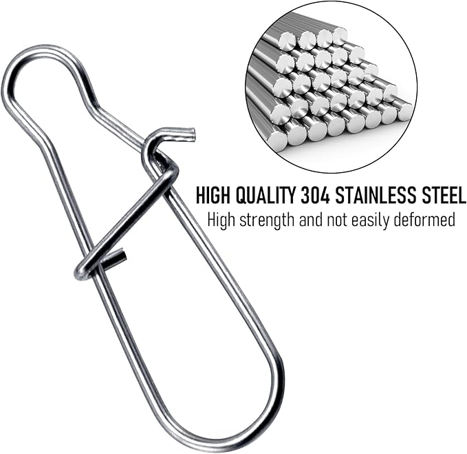 Alownder 100-Pack Fishing Snaps Duo Lock Snaps Kit, 37-183LB Stainless Steel Lure Snap Speed Quick Change Clips, 1-8# High Strength Fast Snap Swivels Hooks Lures Connector Set Freshwater Saltwater