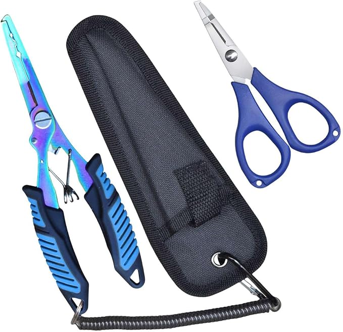 Fishing Needle Nose Pliers, Stainless Steel Fish Pliers and Scissors Set with Sheath Lanyard, Hook Remover Split Ring Tools, Aboda Fishing Gear Fresh & Saltwater Fishing Tool Kit