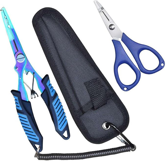 Fishing Needle Nose Pliers, Stainless Steel Fish Pliers and Scissors Set with Sheath Lanyard, Hook Remover Split Ring Tools, Aboda Fishing Gear Fresh & Saltwater Fishing Tool Kit
