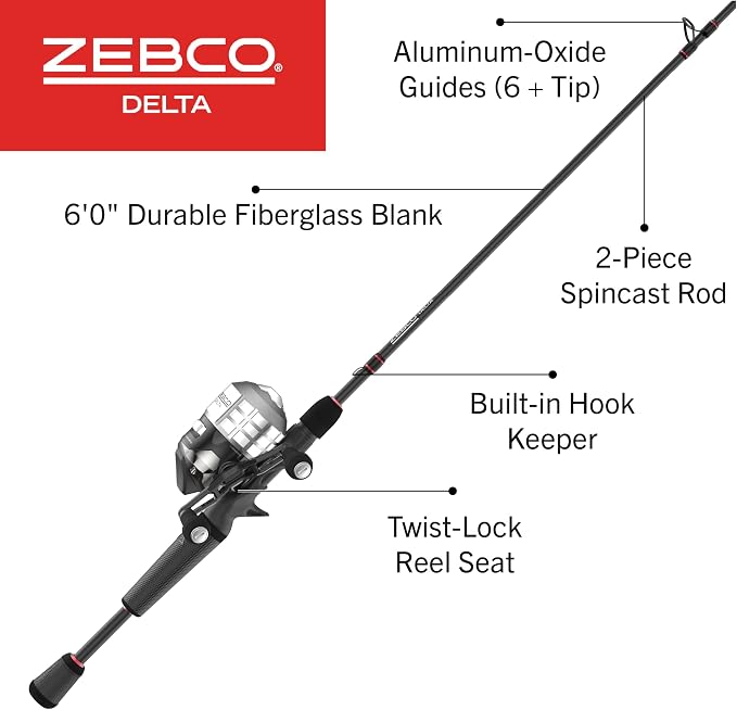 Zebco Delta Spincast Reel and Fishing Rod Combo, Instant Anti-Reverse Clutch, Changeable Right- or Left-Hand Retrieve, Pre-Spooled with Zebco Fishing Line