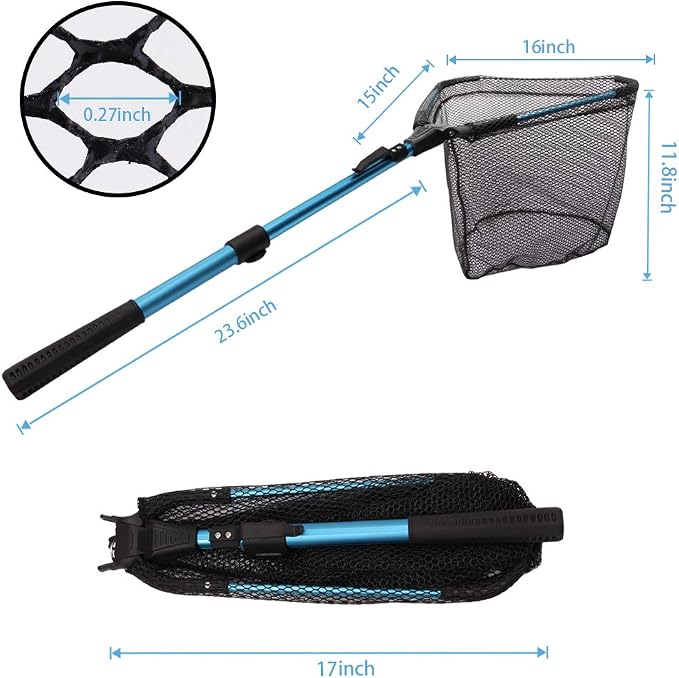 YVLEEN Folding Fishing Net - Foldable Fish Landing Net Robust Aluminum Telescopic Pole Handle and Nylon Mesh 16inch Hoop Size