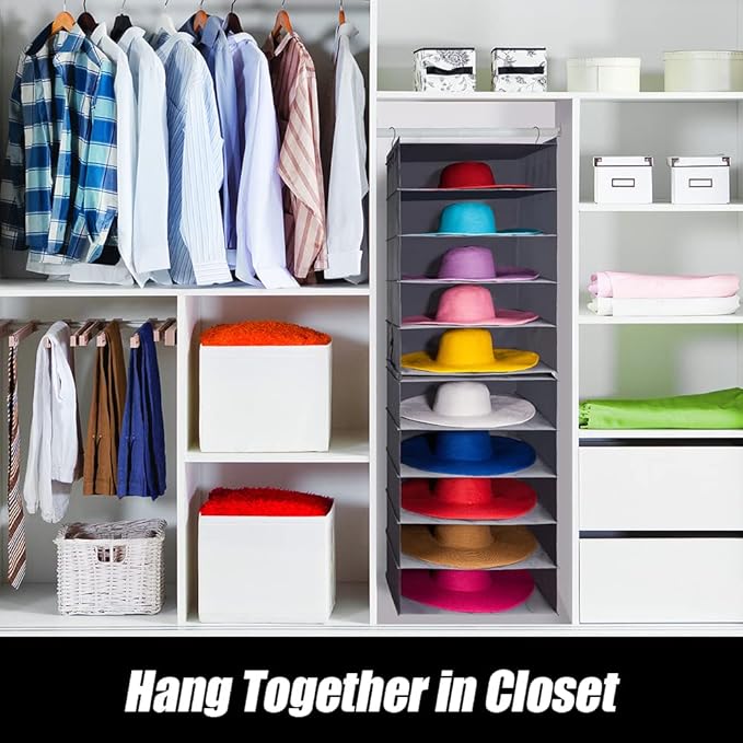 LADYBRO Large Hat Storage for Closet Hanging Organizer for Wide Brim 10 Shelf Oversized Racks Sunhat Cowboy Fedora Floppy Collection Box Container Display Big Brimmed Holder Space Saver Organization