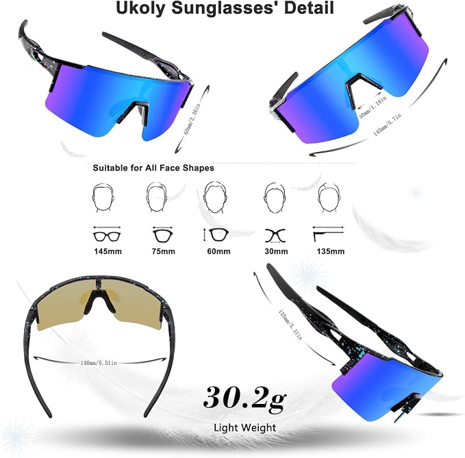 Ukoly Cycling Sunglasses for Men Women with 3 Interchangeable Lenses, Polarized Sports Sunglasses, Baseball Sunglasses