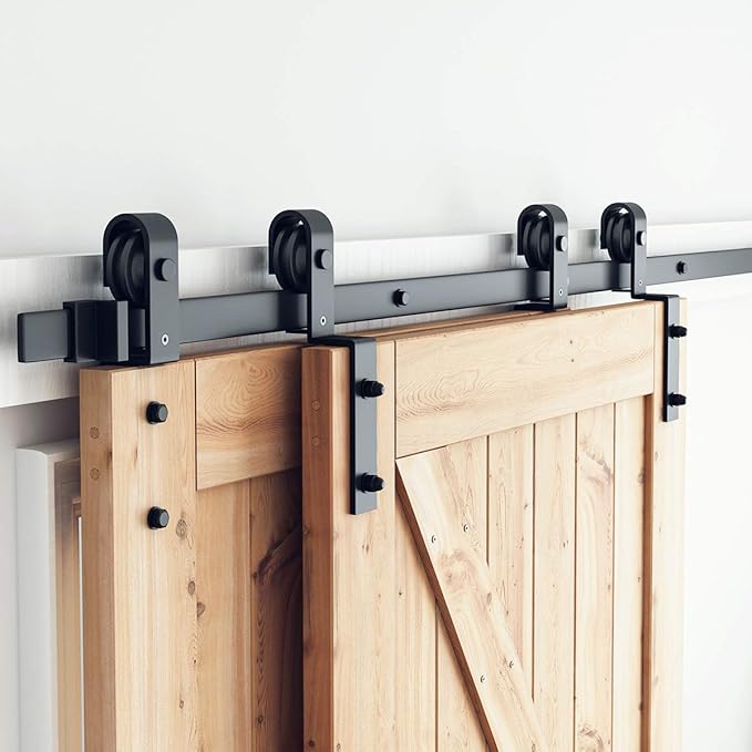 SMARTSTANDARD 6.6 Feet Bypass Sliding Barn Door Hardware Kit - for Double Wooden Doors-Single Track - Smoothly & Quietly - Easy to Install-Fit 67" Opening