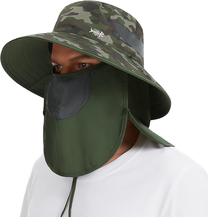 BASSDASH UPF 50+ Breathable Sun Hat with Removable Face Cover and Neck Flap Wide Brim Bucket Hat for Fishing Hiking Men Women