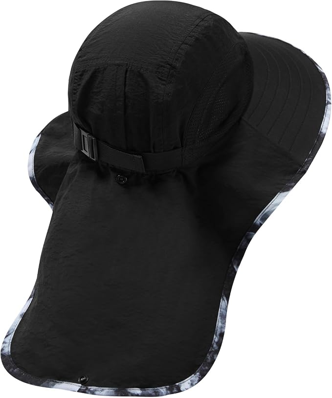 BASSDASH UPF 50+ Unisex Water Resistant Wide Brim Sun Hat with Large Neck Flap Ponytail Fishing Hat for Men Women