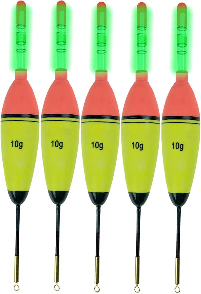 QualyQualy Lighted Fishing Slip Bobber 4-5Pcs Wood/EVA Fish Float + 8-10Pcs Glow Sticks, Night Fishing Light Up Slip Bobber for Crappie Bass Panfish Catfish Walleye