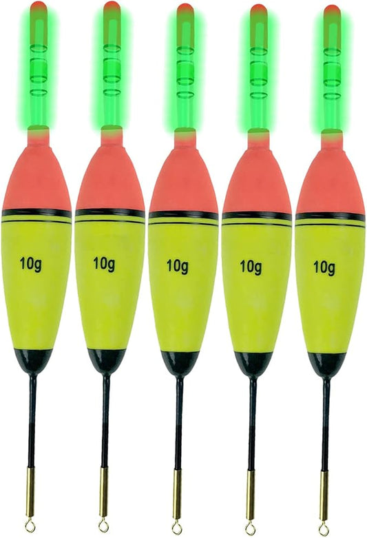 QualyQualy Lighted Fishing Slip Bobber 4-5Pcs Wood/EVA Fish Float + 8-10Pcs Glow Sticks, Night Fishing Light Up Slip Bobber for Crappie Bass Panfish Catfish Walleye