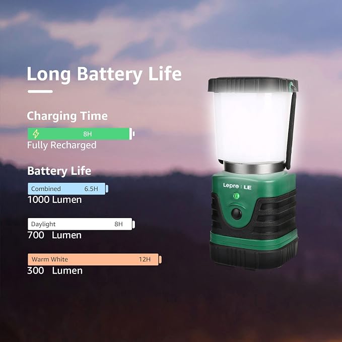 Lepro 1000LM LED Camping Lantern Rechargeable, 4400mAh Green Tent Light with 4 Light Modes, Waterproof Lantern Flashlight for Hurricane Emergency, Camping Essentials, USB Cable Included