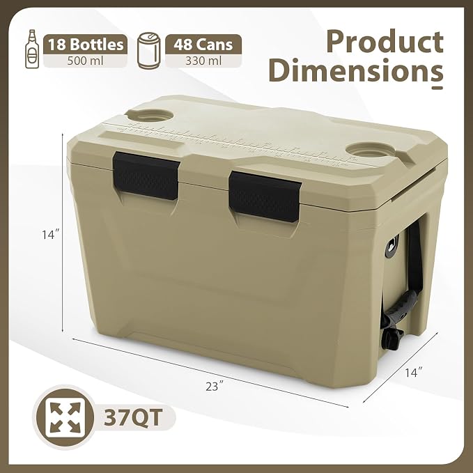 KOTEK 21qt Hard Cooler, Insulated Portable Ice Chest with Drain Plug, Bottle Opener & Cup Holders, Outdoor Cooler with Handle for Camping, Beach, Fishing and Boating