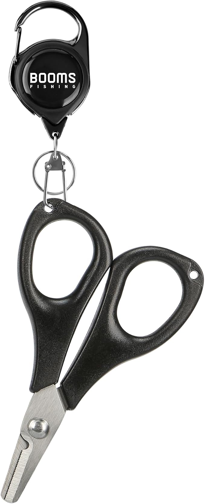 Booms Fishing S01 Fishing Scissors for Braided Line, Fishing Line Cutter Saltwater and Freshwater, Fishing Serrated Shears with Retractor, 3.9” Black