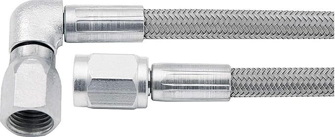 Allstar Performance AN Hose Assembly, 20 in Long, 3 AN Hose, 3 AN Straight Female to 3 AN 90 Degree Female, Braided Stainless, PTFE Lined, Each
