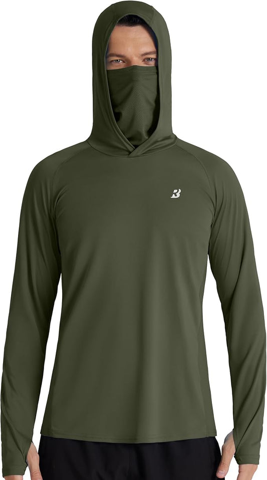 Roadbox Men's UPF 50+ Hooded Fishing Shirts Long Sleeve Sun Protection Hoodie, Hiking Running Swimming Rash Guard with Mask