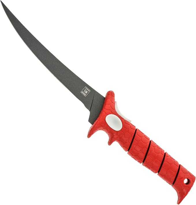 BUBBA 9 Inch Tapered Flex Fillet Knife with Non-Slip Grip Handle, Full Tang High Carbon Stainless Steel Titanium Coated Non-Stick Blade, Lanyard Hole and Synthetic Sheath for Fishing