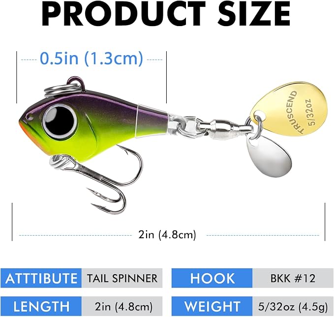 TRUSCEND Vibespinner Easy Catch Fishing Lures with BKK Hooks, Tail Spinner Baits with 4 Actions, Vibrating Swimming Flashing & Jigging for More Bites, Spoon Lures for Bass Trout Crappie Walleye Pike