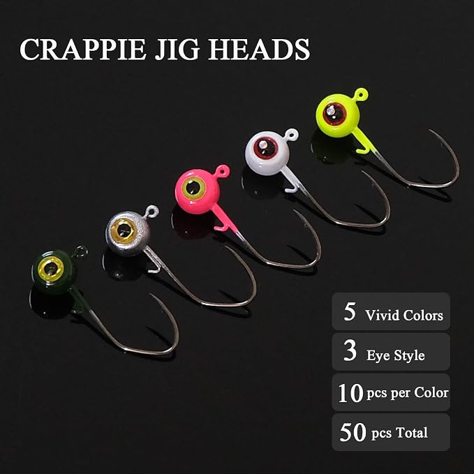 Crappie Jig Heads Kit, 45/50-Pack, 1/32oz, 1/16oz, 1/8oz, 5 Colors Fishing Jigs for Bass, Walleye, Panfish Freshwater Fishing