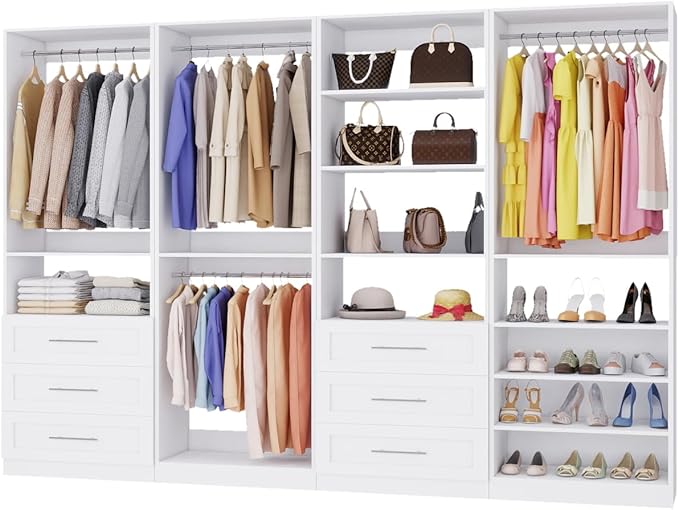 Closet System with 4 Sets, 8–21 FT Closet System with 6 Drawers, 9 Shelves & 8 Hanging Rods, Max 252″ Closet Organizer System for Walk in Closets, Modular Custom Wood Closet Kit with Shoe Racks, White