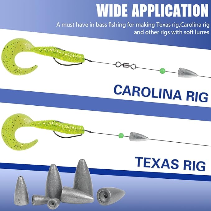 Fishing Weights 30pcs Bullet Sinkers Worm Weights for Bass Fishing Carolina Rig Texas Rig Slip Sinker Sliding Weights Lead Fishing Weights Saltwater Freshwater