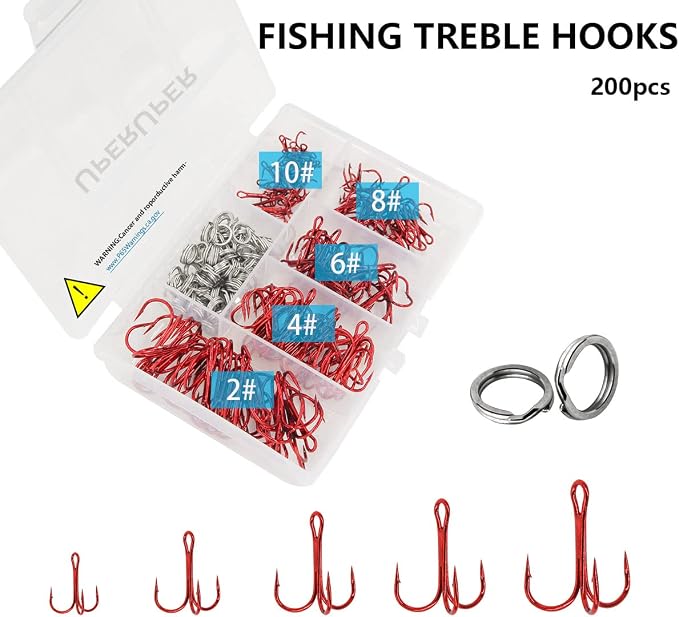 200 Pack Fishing Treble Hooks Kit High Carbon Steel Hooks Strong Sharp Round Bend with Split Rings for Lures Baits Saltwater Freshwater Fishing Size 2# 4# 6# 8# 10#