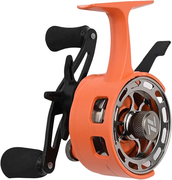 Ice Fishing Reel with Magnetic Drop, 3.2:1 Gear Ratio Inline Reel, 3+1 Ball Bearings Two-Way for Spool Lever for Winter Ice Fishing(right hand orange)