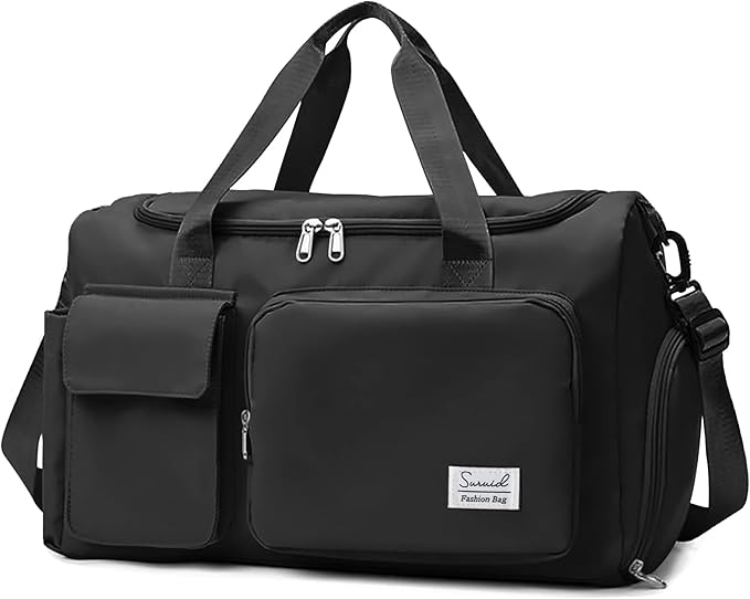 Suruid Sports Gym Duffel Bag with Shoes Compartment and Dry Wet Separated Pocket for Men and Women - Overnight Weekender Training Handbag Yoga Bag - Black