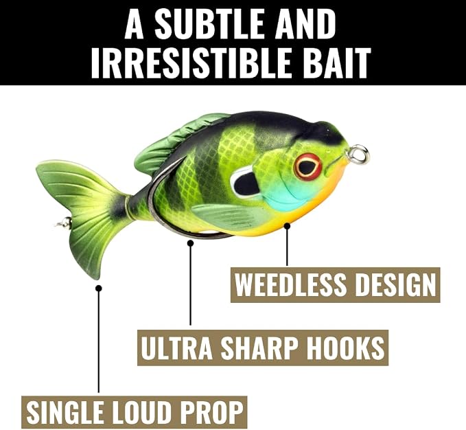 LUNKERHUNT Topwater Fishing Lures Kit (3-Pack) for Bass, Trout | 1 Turtle Lure, 1 Frog Lure, 1 Sunfish Prop Lure | Freshwater Fishing Bait for Pike, Soft Hollow Body, Weedless Hooks