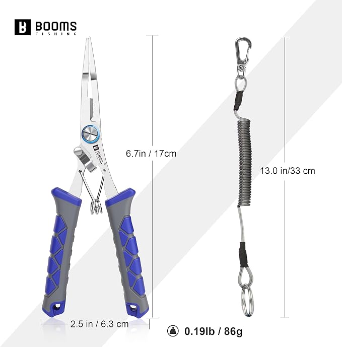 Booms Fishing Pliers Stainless Steel: 6.5" Split Ring Pliers - Braided Line Cutter & Scissors with Lanyard - Fish Hook Remover Tool for Saltwater and Freshwater - Fishing Tools for Angler, XW13
