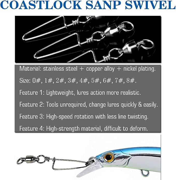 AMYSPORTS Saltwater Connector Fishing Snap Swivel High Strength Snaps Swivel Freshwater Ball Bearing Fishing Swivels Stainless Steel Corrosion Resistant Black Nickel