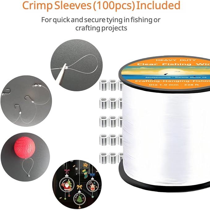 Aboda Clear Fishing Line 0.2-1 mm, Strong Invisible Nylon Fishing Wire 8-100 lb Test Includes Crimp Sleeves, Clear String for Hanging Decorations Balloons Garlands Crafts & Jewelry
