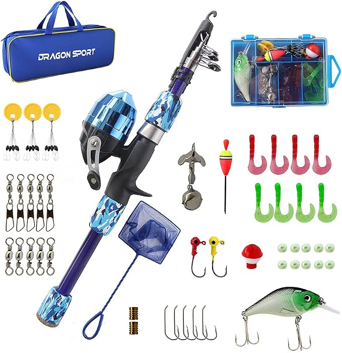 Kids Fishing Pole Spincast Youth Fishing Pole Tackle Box - with Net,Travel Bag,Rod and Reel Kit for Boys and Girls, Youth or Beginner’s