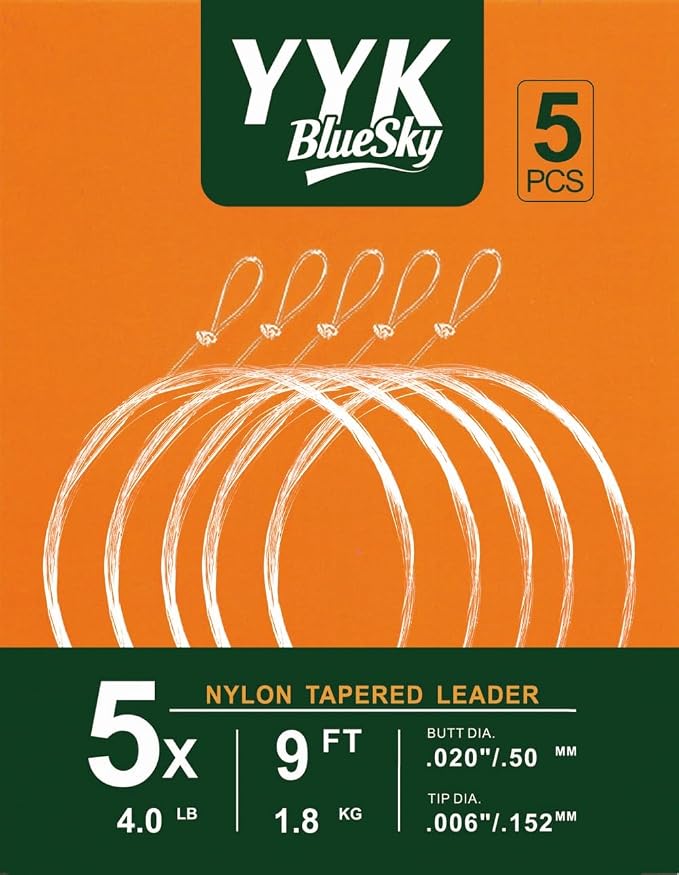 YYKBlueSky 9FT Clear Nylon Tapered Leader, Multiple Sizes 0X-7X (0X 1X 2X 3X 4X 5X 6X 7X) Optional, 5PCS Each for Freshwater Fly Fishing Line