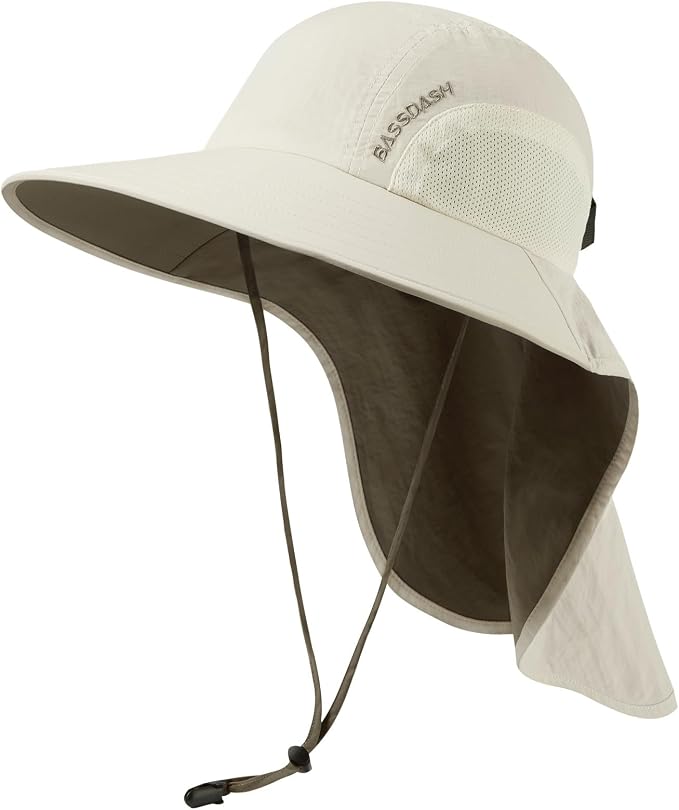 BASSDASH UPF 50+ Unisex Water Resistant Wide Brim Sun Hat with Large Neck Flap Ponytail Fishing Hat for Men Women