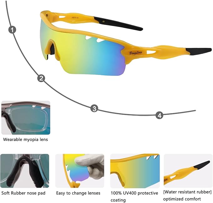BangLong Polarized Cycling Sunglasses for Men Women, 26g Sports Sunglasses with 5 Lenses for Running Fishing Baseball Driving