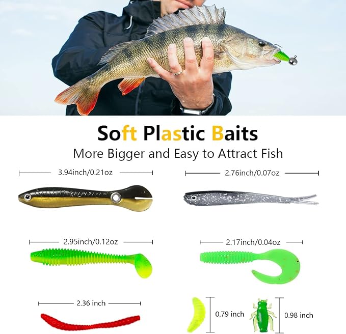 Fishing Lures Kit Set, Baits Tackle Including Crankbaits, Topwater Lures, Spinnerbaits, Worms, Jigs, Hooks, Tackle Box and More Fishing Gear Lures for Bass Trout
