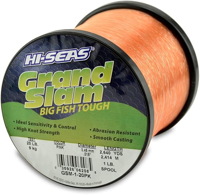 HI-SEAS Grand Slam Monofilament Fishing Line - Strong & Abrasion Resistant in Clear, Pink, Green, Smoke Blue, Fluorescent Yellow Freshwater & Saltwater - 1 lb Spool
