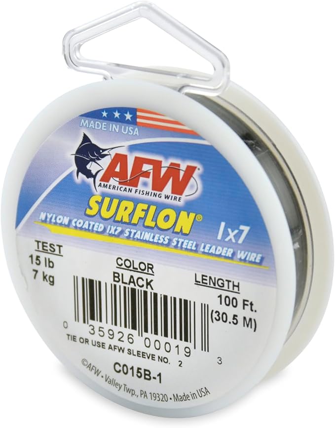 American Fishing Wire Surflon Nylon Coated 1x7 Stainless Steel Wire Leader - Wire Fishing Leader Line for Saltwater 10lb Up To 250lb Test in Bright, Black, Camo in 30ft, 100ft, 300ft, & 1000ft Lengths