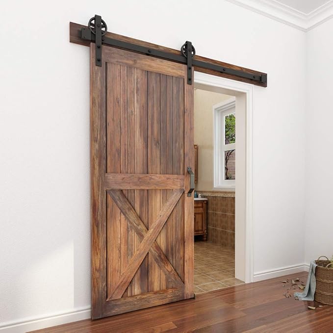 WINSOON 5-16FT Single Wood Sliding Barn Door Hardware Basic Black Big Spoke Wheel Roller Kit Garage Closet Carbon Steel Flat Track System (7.5FT)