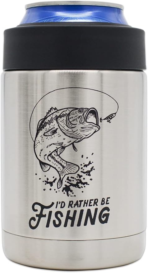 "I'd Rather Be Fishing" Insulated Stainless Steel Can Cooler for Cans + Bottles - great dad birthday gift, fishing gear idea, unique bass pro boat accessory, coolie gift for men, mystery box or prize